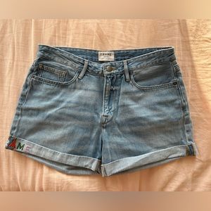 Frame denim mid rise light wash cuffed embroidered shorts 30